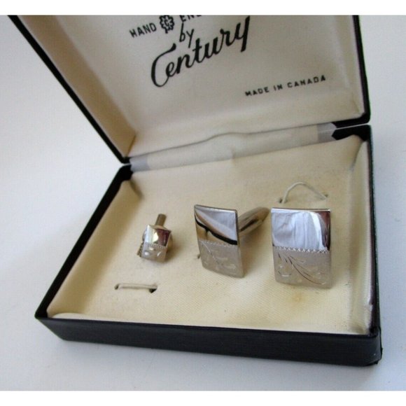 VTG Cufflinks and Tie Tack Boxed Hand Engraved "Century" Silver Tone Set Canada - Picture 7 of 11